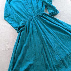 Vintage Teal Green Cotton Gauze Dress - 80s long-sleeve dress with elastic waist